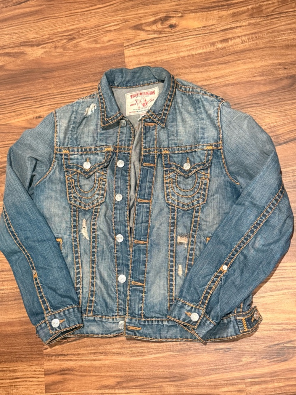 True Religion trucker jacket red orange stitching super T
